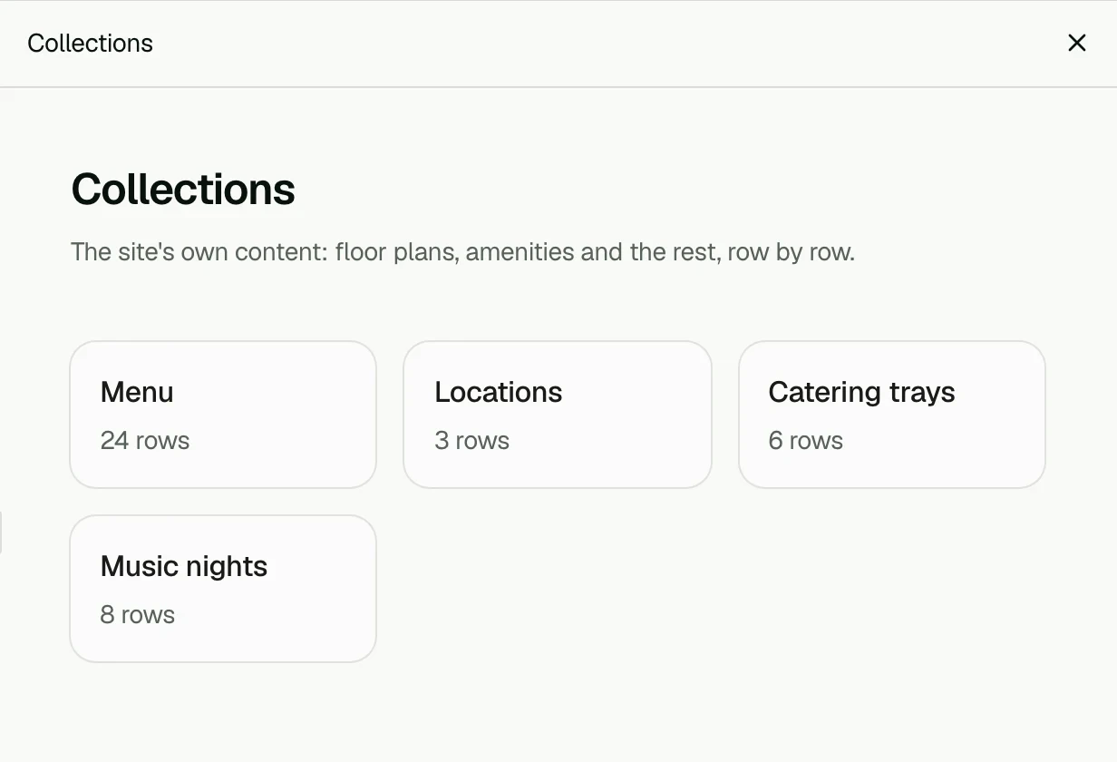 Clutch's Collections: Menu, Locations, Catering trays and Music nights, row by row