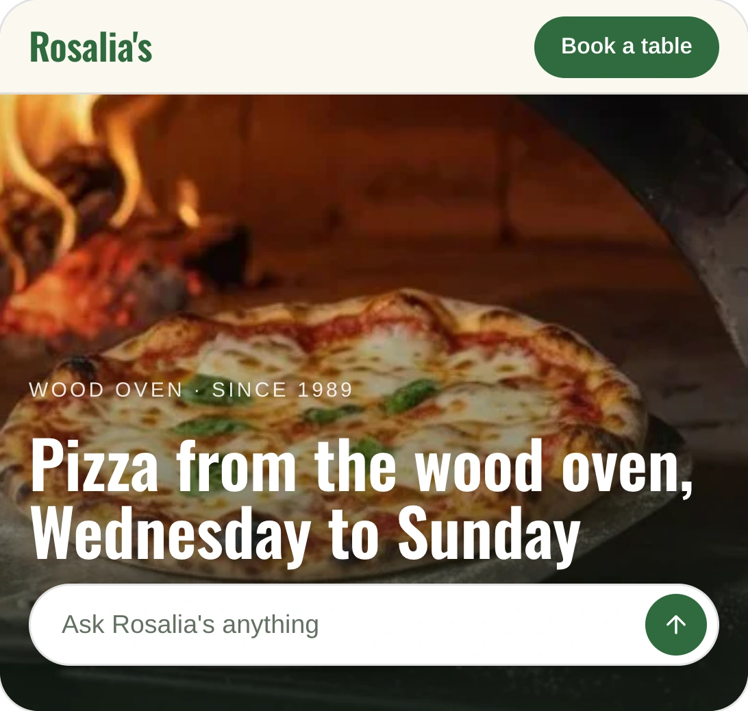 Rosalia's home page: a pizza before a wood oven's flames, the headline Pizza from the wood oven, Wednesday to Sunday, and an ask bar.