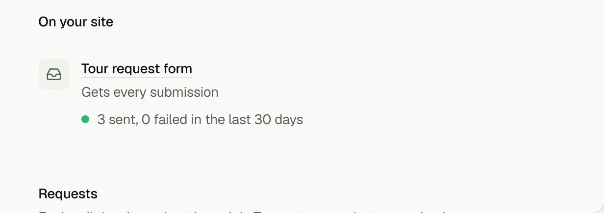 HubSpot in Clutch: the tour request form sends every submission, 3 sent and none failed in 30 days