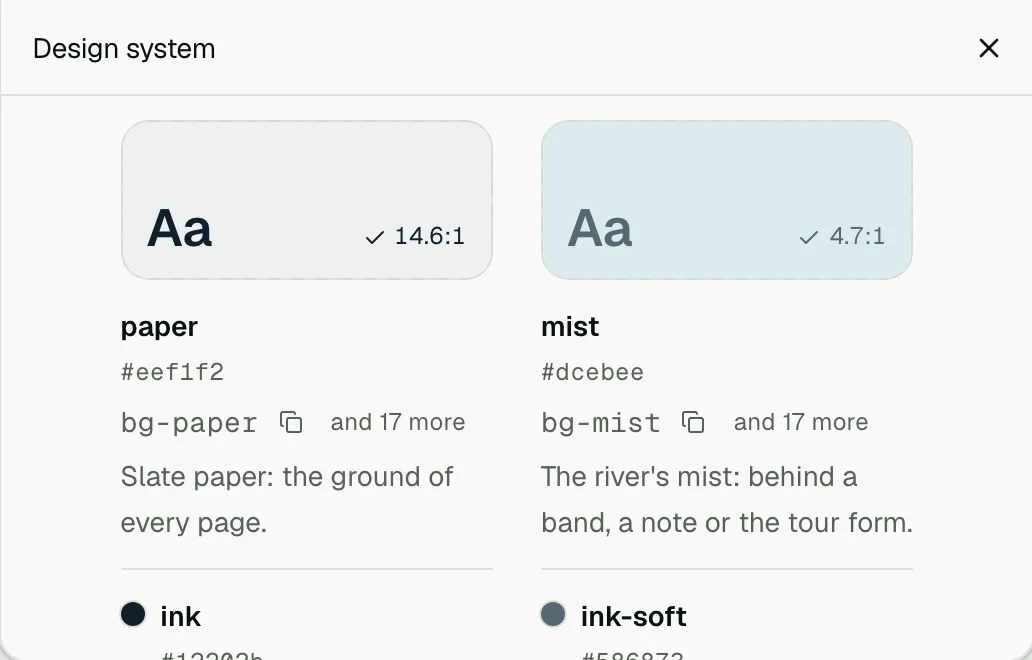 A site's design system in Clutch: paper and mist, each with its contrast and the tokens that use it