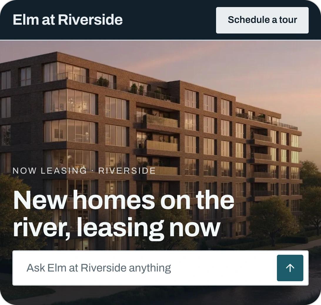 Elm at Riverside's home page: a new apartment building on a river, the headline New homes on the river, leasing now, and an ask bar.
