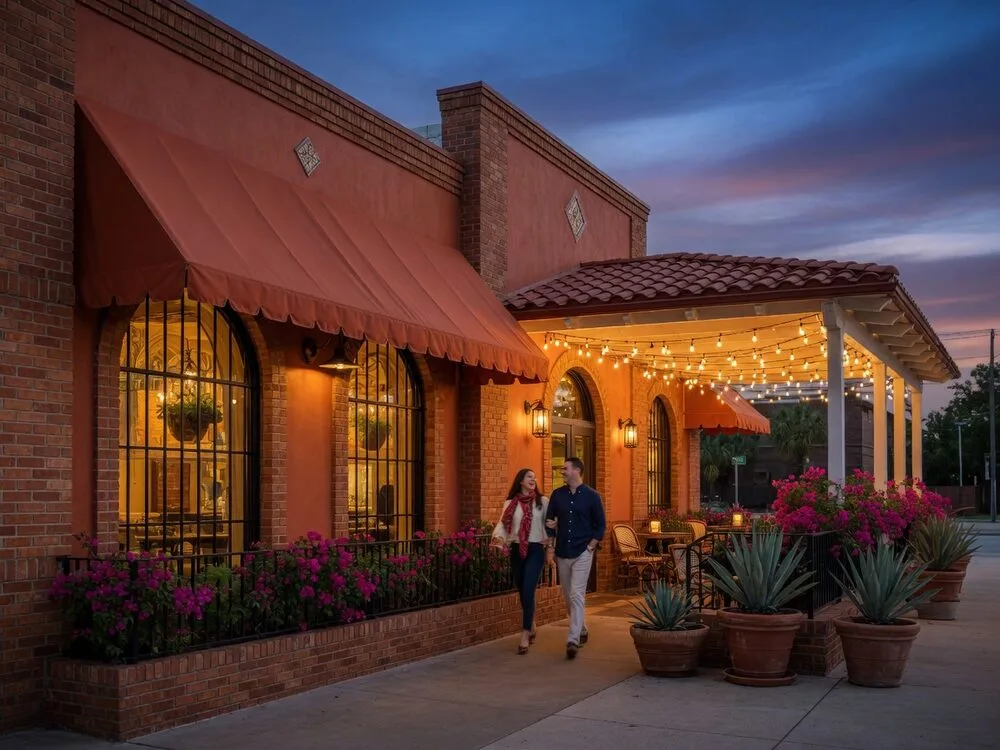 The string-lit patio at dusk