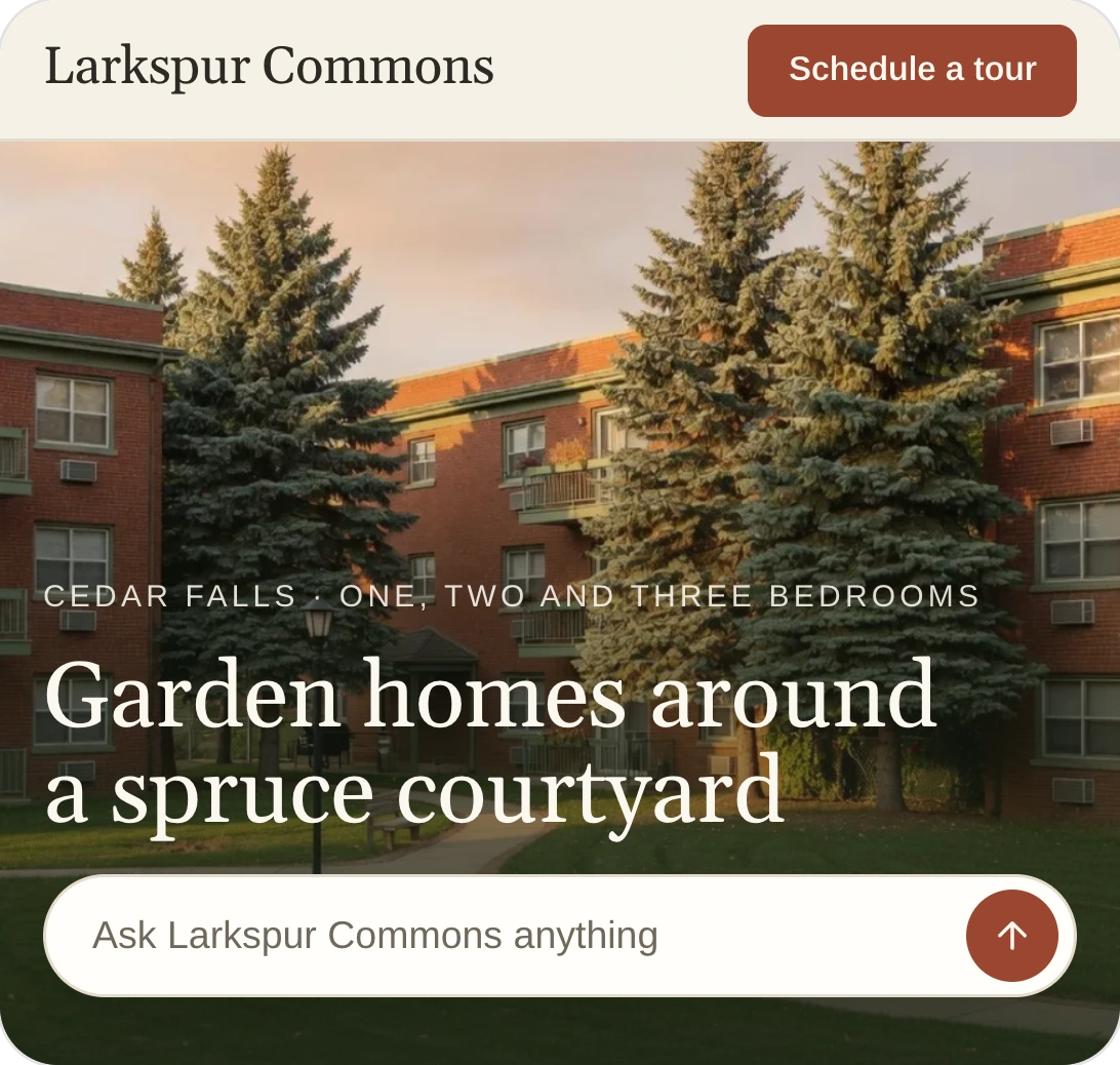 Larkspur Commons' home page: brick garden apartments around tall spruce trees, the headline Garden homes around a spruce courtyard, and an ask bar.