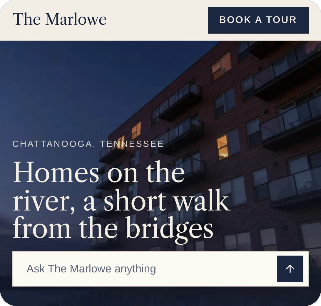 The Marlowe's home page: a brick apartment building at dusk, the headline Homes on the river, a short walk from the bridges, and an ask bar.