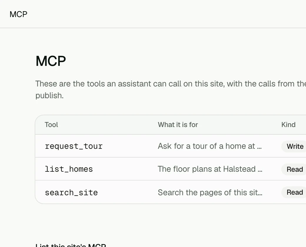 Clutch's MCP screen: the tools an assistant can call on this site, their calls, and an on switch for each