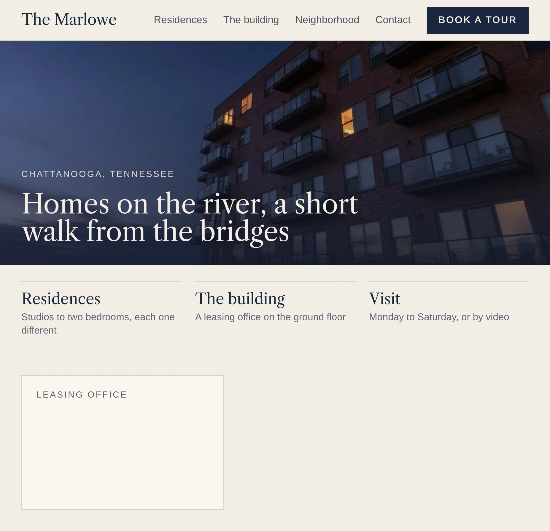 The Marlowe's home page, where the leasing office hours change to stay open until 7 on Thursdays.