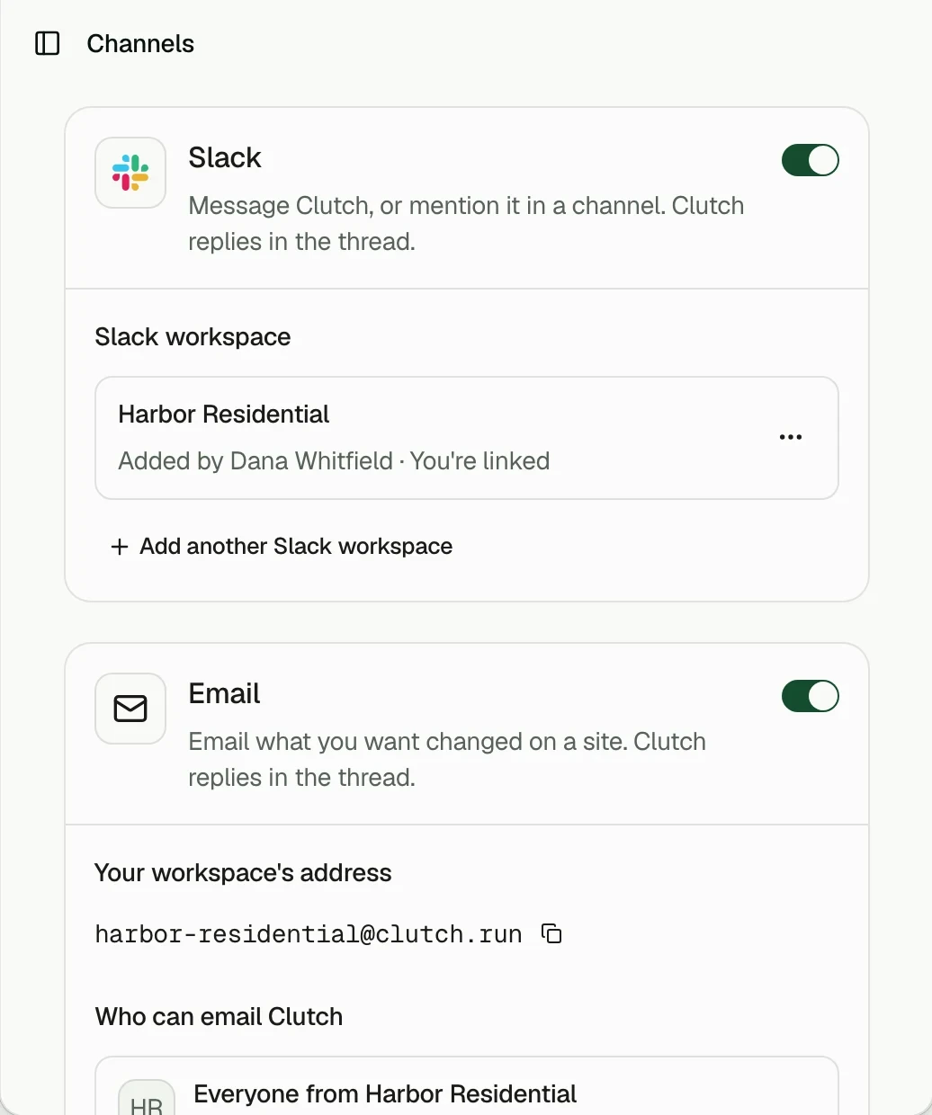 Clutch's Channels: Slack and email turned on, and the workspace's own email address