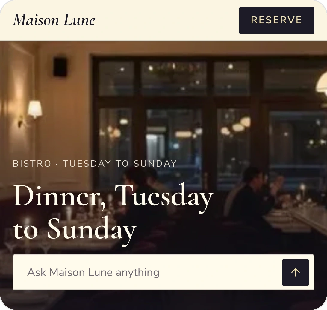 Maison Lune's home page: a dim bistro dining room, the headline Dinner, Tuesday to Sunday, and an ask bar.