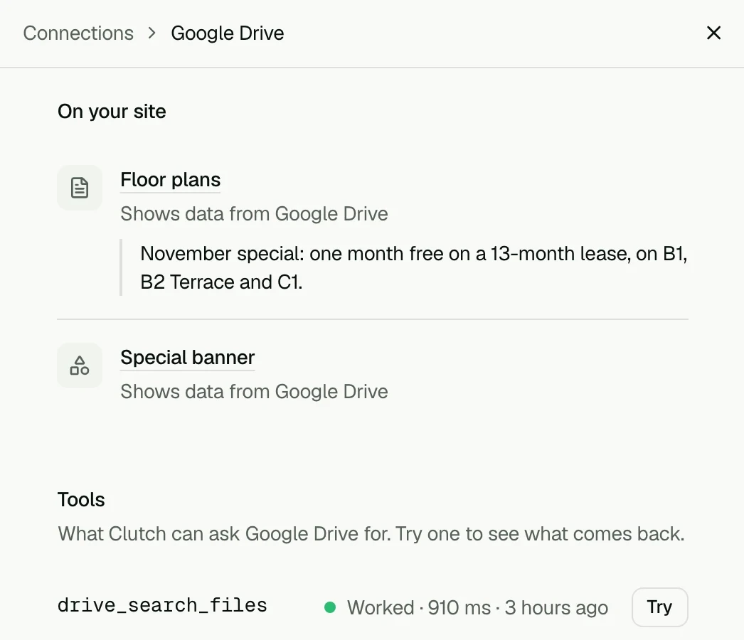 A Google Drive connection in Clutch: the parts of the site it feeds and the tools Clutch can call